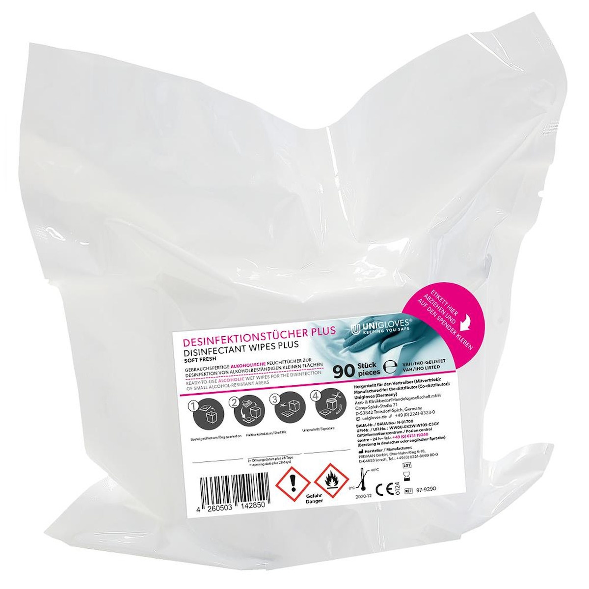 UNIGLOVES Desinfektionstücher Plus-Soft - fresh - 2 x 90 Stück Image