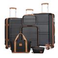 Kono Travel Luggage Sets of 6 Piece Lightweight ABS Hard Shell Trolley Case with TSA Lock 20" 24" 28" Suitcase + 12" Beauty Case + Duffel Bag & Toiletry Bag (Black/Brown)