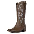 Choiran Cowboy Boots for Women - Embroidered Cowgirl Boots Western Mid Calf Fashion Chunky Heel Pointed Toe Country Boots, Brown, 4 UK