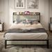 Full/Queen Size Bed Frame with Charging Station, Upholstered Headboard, Metal Platform