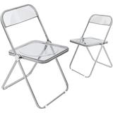 CangLong Modern Acrylic Stackable, Plastic Folding Dining Room Armless Chairs with Metal Frame, Set of 2, Grey Transparent