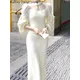 Robe longue en dentelle évidée pour femme Cheongsam robe une pièce blanc élégant fête style