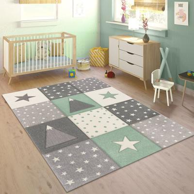 Paco Home - Kinderteppich Teppich Kinderzimmer Junge Mädchen Pastell 3D Punkte Sterne Grün 133 cm