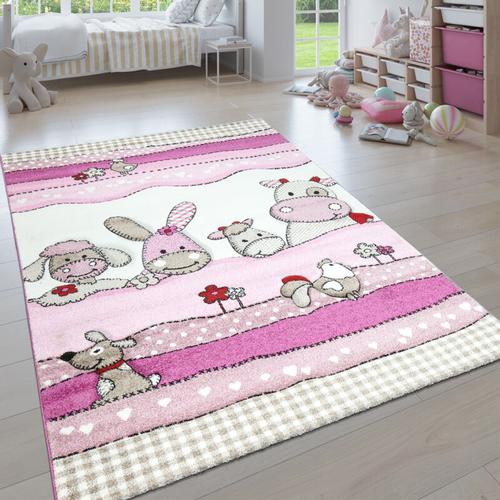 Kinderteppich, Moderner Kinderzimmer Pastell Teppich, Niedliche 3D Tiermotive 80x150 cm, Creme