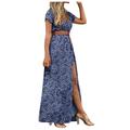 VBARHMQRT Tulle Dress V Neck Skirt Long Printed Women s Style Waist Bohemian Dress Women s Dress Fashion Casual Dresses Long Sleeve Dress for Women Formal