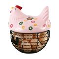 SDJMa Chicken Egg Basket Black Wire Egg Collection Baskets Holder with Ceramic Lid for Gathering Fresh Eggs Holder Decorative Farmhouse Style Cute Egg Storage Container for Kitchen