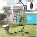 GEROBOOM Indoor Outdoor Egg Swing Chair with Stand Patio Beige Wicker Rattan Hanging Chair with Rope Back Cushion Cover All Weather Foldable Hammock Chair for Bedroom Garden (Light Blu