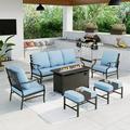 Summit Living 6 Pieces Patio Conversation Set with 45 Rectangle Fire Pit Outdoor Furniture Metal Sofa Beige Cushions