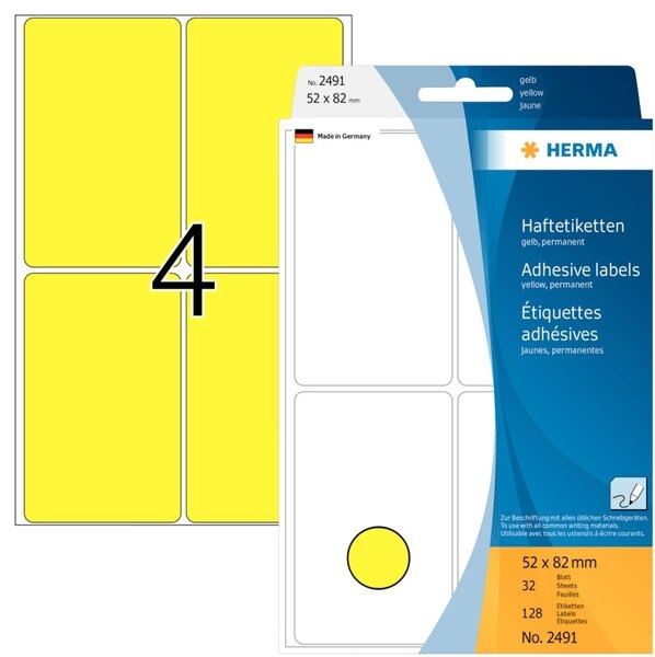 HERMA Vielzwecketiketten 52 x 82 mm, 128 Etiketten, gelb, permanent haftend, für Handbeschriftung Image