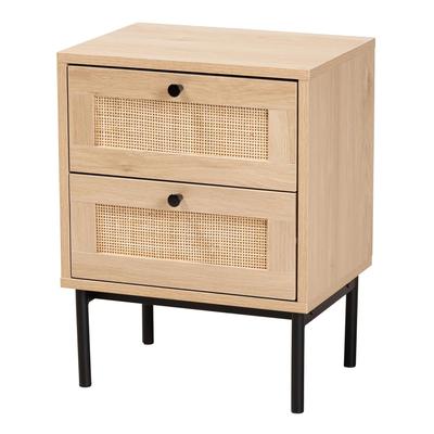 Sherwin Mid-Century Modern Light Brown And Black 2-Drawer End Table With Woven Rattan Accent by Baxton Studio in Light Brown Black
