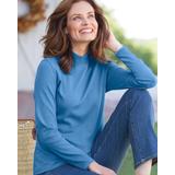 Blair Women's Essential Cotton Long-Sleeve Solid Mockneck - Blue - PL - Petite