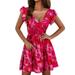 VBARHMQRT Female Dinner Dress Womens Summer V Neck Bohemian Floral Print Ruffle Swing A Line Beach Mini Dress Hot Pink Dress Satin Dress