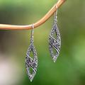 Bali Style,'Sterling Silver Dangle Earrings with Textured Balinese Motif'