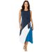 Plus Size Women's Stretch Knit Hanky Hem Midi Dress by The London Collection in Navy Pool Blue Colorblock (Size 14 W)