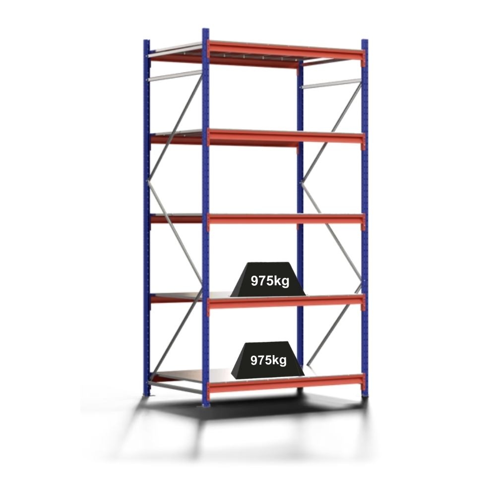 PROREGAL Weitspannregal MOOSE Stecksystem Omega-Profil, Grundregal, HxBxT 300x150x100cm, 5 Ebenen, Spanplatten-Fachboden, Fachlast 975kg, Blau/Orange Image