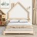 Full House-Shaped Headboard Bed with Handrails and Slats, Low Bed Platform with Handrails Design and House-Style Headboard
