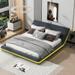 Full/Queen Size Leather Upholstered Platform Bed Frame with Sloped Headboard and LED Light