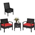 3 Pieces Patio Wicker Conversation Set Outdoor Rattan with Washable Thick Cushion & Coffee Table w/ Space Patio Set for Backyard Porch Garden Poolside (Red)