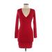 American Apparel Casual Dress - Bodycon V Neck Long sleeves: Red Print Dresses - Women's Size Medium