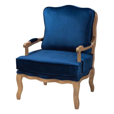 Jules Traditional Navy Blue Fabric And French Oak Brown Finished Wood Accent Chair by Baxton Studio in Blue Oak