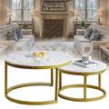 Coffee Table Set of 2 Golden Colour Frame Sofa Table Nesting Coffee Tables with Imitate Marble Veneer End Table for Living Room Easy to Assemble