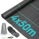 Black 4m x 50m 110gsm Weed Control Membrane Set with Pegs & Plates - Heavy-Duty Garden Fabric Grass Ground Cover Sheet Roll - by Harbour Housewares