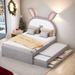 Twin/Full Size Upholstered Platform Bed Rabbit-Shaped Headboard with Embedded LED Lights and 3 Drawers