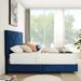 Blue Queen Platform Bed Frame w/ Brass Studs Nailhead Adorn Headboard