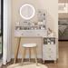 Makeup Vanity Desk Set with LED Lighted Mirror and Cushion Stool, Vanity Dressing Table with Bedside Cabinet, Drawers & Shelves