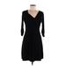 Casual Dress - A-Line V Neck 3/4 sleeves: Black Print Dresses - Women's Size Medium Petite