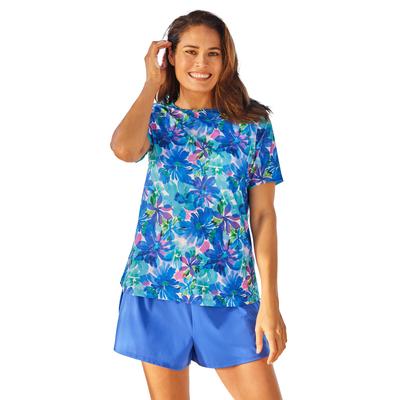 Plus Size Women's Cross-Back Swim Tee by Swim 365 in Blue Watercolor Floral (Size 34)