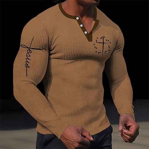 Homme Graphic Croix Jésus Chemise Henley Shirt T-shirt gaufré manche longue 3D effet Design simple Décontractées Sport extérieur Vacances Festival Printemps Automne Noir Blanche Marron Vert Henley
