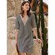 femmes coton lin robe casual robe robe droite midi robe coton et lin mode moderne en plein air quotidien vacances col en v patchwork demi manches été printemps 2023 coupe régulière gris uni 3xl