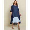 Robe décontractée pour femme - Robe de travail en mousseline de soie - Robe longue unie - Robe longue - Manches mi-longues - Col rond - Élégante - Pour l'extérieur - Bleu - Été - Printemps - Robe