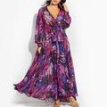 Femmes grande taille une ligne robe floral col en v imprimé lanterne manches longues automne printemps décontracté mumu maxi longue robe robe de vacances quotidienne