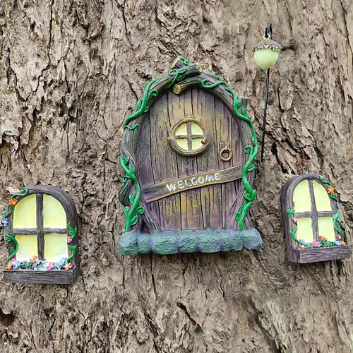 Fenêtre et porte de maison féerique miniature pour arbres, joli jardin féerique miniature, décoration d