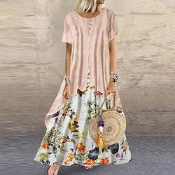robe décontractée pour femme robe en lin robe swing robe longue maxi robe vert à manches courtes floral patchwork été printemps ras du cou mode 2023 5xl