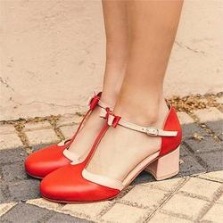 Escarpins élégants à bride en T rouges pour femmes avec détail de nœud et talon bloc – design vintage confortable pour les occasions décontractées et formelles