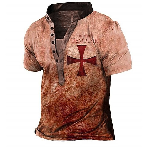 Homme Croix Templière Croix T-shirt Chemise Henley Manche Courte Impression 3D ancien Designer Basique Extérieur Quotidien Sports Été Rouge Marron Gris Col montant T-shirt Henley