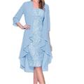 Robe mi-longue Femme Robe Ensemble Manches 3/4 Eté Printemps - Elégant mode Moderne Dentelle Couleur monochrome Col Ras du Cou robe hiver robe demoiselle d honneur robe automne 2023 Noir Vin Bleu