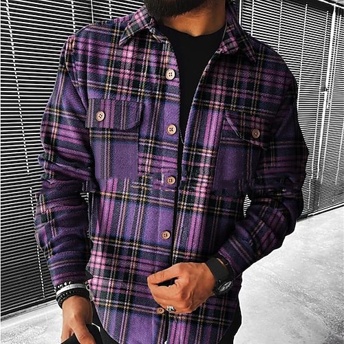 Homme Plaid Formes Géométriques Chemise à col Chemise polaire Veste chemise manche longue Mode Sport Casual Quotidien Usage quotidien Fin de semaine Automne hiver Col rabattu Poche Imprimer Violet