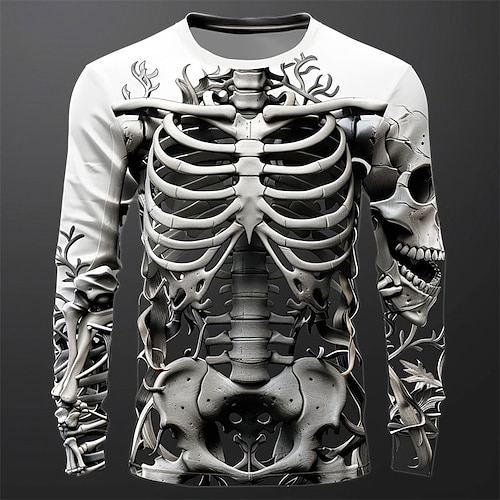 Homme Graphique Squelette T-shirt manche longue T-shirt Impression 3D Col ras du cou Chemise Mode Occasionnel Sous-culture Sport en Plein Air Fête Sortir Noir Blanche Bleu Printemps Automne