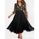 Grande Taille Courbe robe noire robe soirée Robe de Mousseline Femme robe longue Floral Manches 3/4 Maille Patchwork Col V Elégant robe demoiselle d honneur Noir Automne Hiver L XL XXL 3XL 4XL