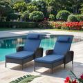 PARKWELL Set of 2 Outdoor Folding Chaise Lounge Chairs - Wicker Rattan Adjustable Recliners for Patio Pool w/ Wide Arm and Cushions - Blue