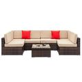 SYTHERS 7PCS Outdoor Furniture Conversation Sofa Sets All Weather Wicker Rattan Patio Furniture Sets with Glass Table & Thickened Cushion Brown