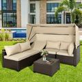 Magic Union 6 Pieces Patio Furniture Set Outdoor Conversation Set Daybed with Retractable Canopy Patio Sectional Rattan Sofa Set with Adjustable Backrest and Coffee Table for Poolside Backyard Beige