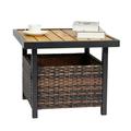 IVV 22 Rattan Wicker Side Table with Steel Frame Umbrella Insert Hole Storage Space for Outdoor Patio Garden Backyard Brown & Yellow