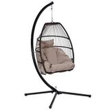 Patio Wicker folding Hanging Chair Rattan Swing Hammock Egg Chair with X type Base and C Type bracket with cushion and pillow for Patio Bedroom Balcony Indoor Outdoor
