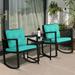 Outdoor Patio Furniture Set of 3 Rocking Bistro Set Rattan Rocking Chairs with Cushions and Glass Coffee Table Patio Conversation Sets for Lawn Garden Backyard Balcony Poolside Blue