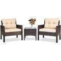 YZboomLife 3 Piece Patio Set Outdoor Rattan Wicker Conversation Set with Cushions Glass Top Coffee Table for Garden Balcony Poolside Brown